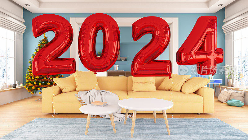 红色2024气球的新年概念