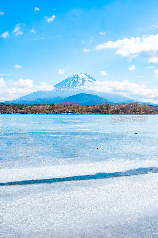 冬天的富士山在正二湖的景色，湖已经结冰了。Shoji湖是富士五湖之一