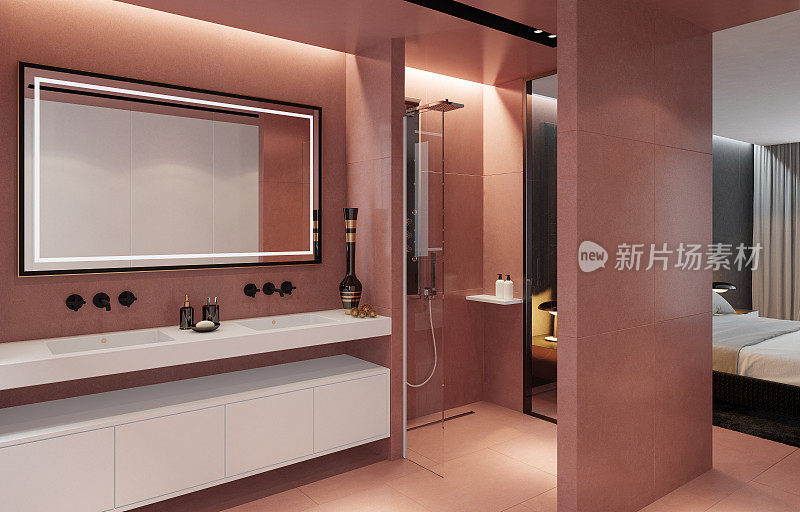 现代豪华风格的主卧室与浅红色瓷砖浴室。