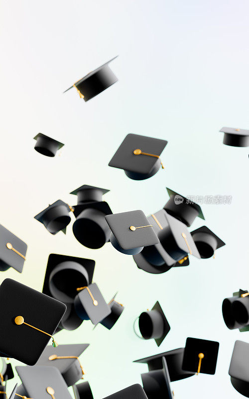 毕业帽被扔了。很多帽子都飞起来了。三维渲染