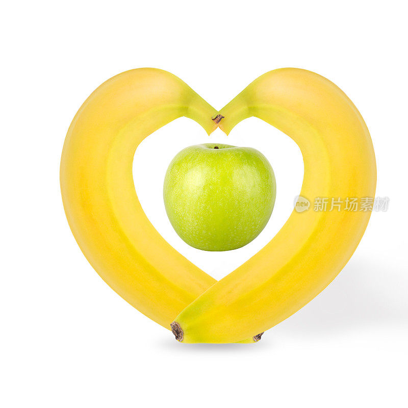 白色背景上孤立的青苹果和香蕉