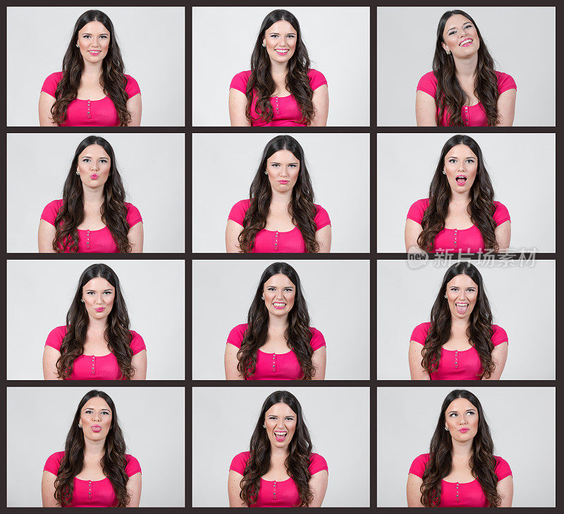 做12个面部表情的年轻女人