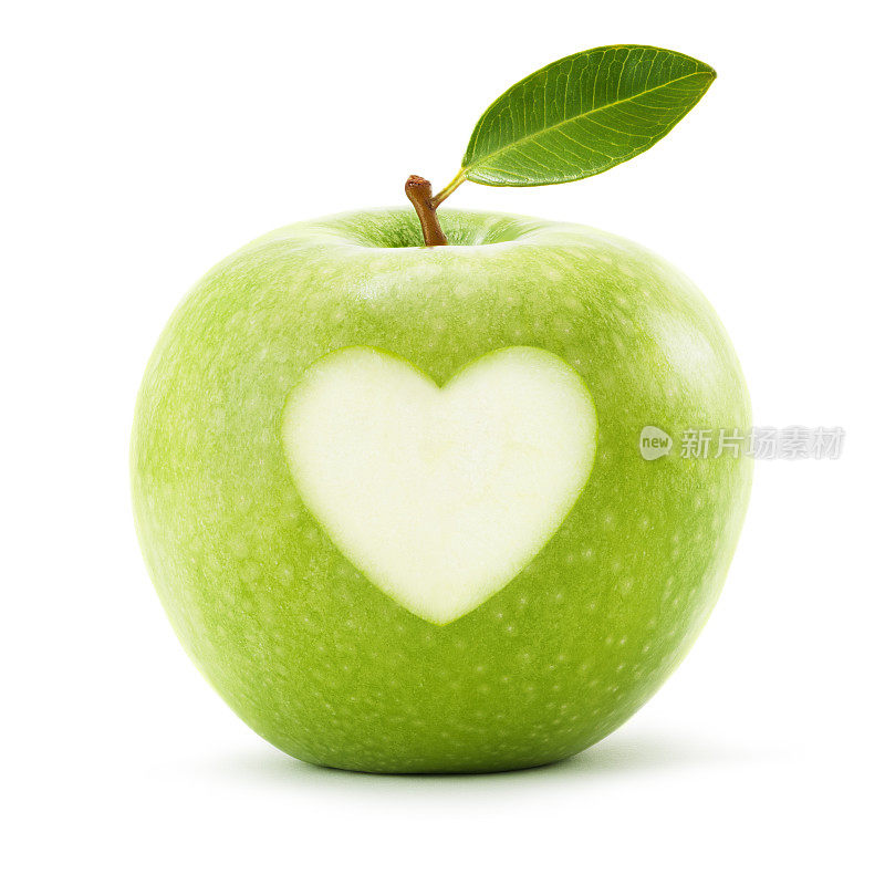 绿色的苹果，叶子和心的象征孤立在白色的背景