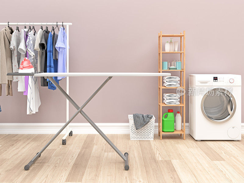 配备洗衣机和清洁用品的现代化洗衣房