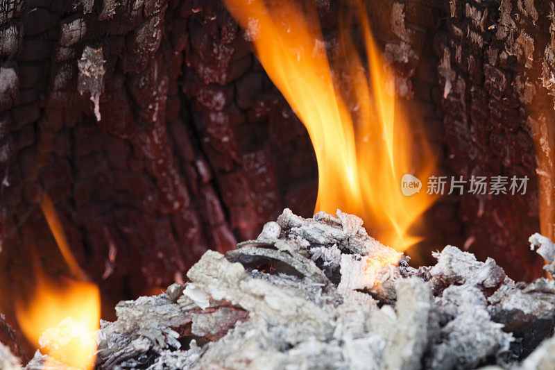 燃烧的木头里的火焰和灰烬