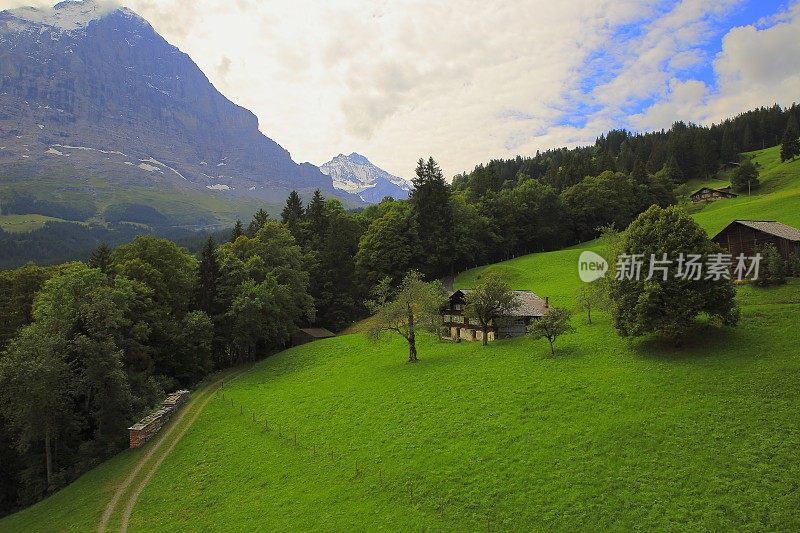 农场上的少女和艾格:高山景观，格林德沃，瑞士阿尔卑斯山