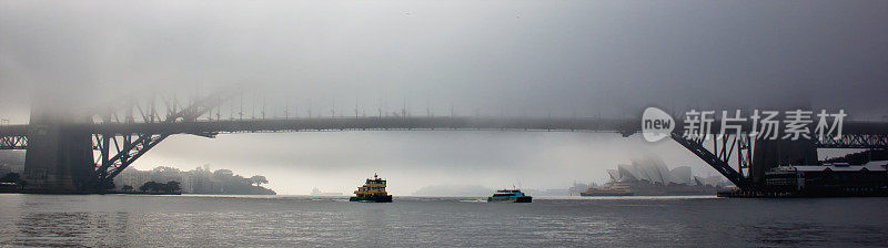 雾中的悉尼海港大桥和渡轮