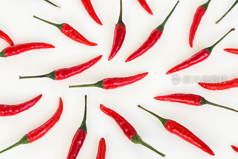 红辣椒，流行的香料概念-特写孤立美丽的红辣椒在白色的背景，绿色的尾巴，自由躺辣椒的拼贴，俯视图，平躺，水平