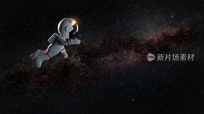 卡通宇航员角色穿着白色航天服漂浮在零重力空间(3d渲染)