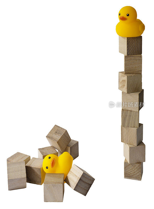 两只橡皮鸭，一只在木块搭成的高塔上，另一只在一堆倒下的木块上。