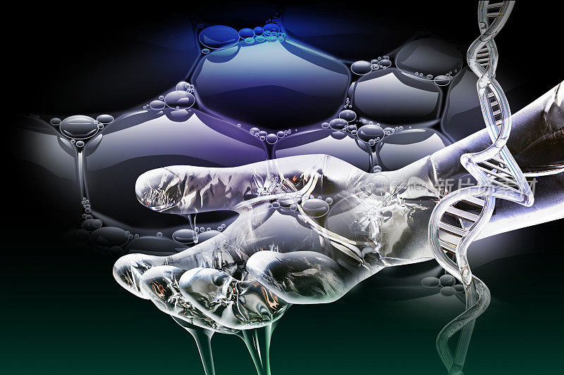 金属人工智能机器人的手覆盖着水，气泡和DNA。
