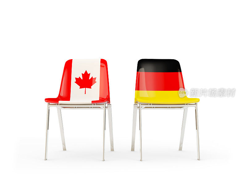两张印有加拿大和德国国旗的椅子被孤立在白色上