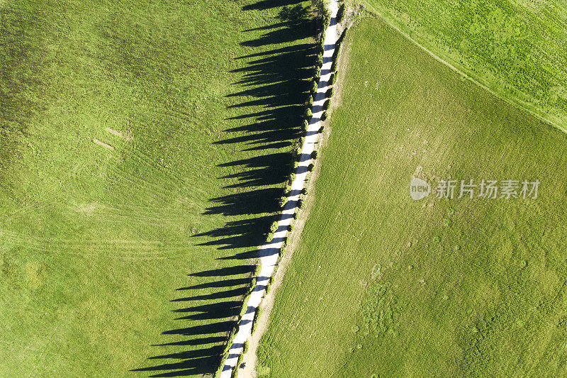 鸟瞰图的乡村道路通过柏树和耕地。意大利托斯卡纳基安蒂地区。