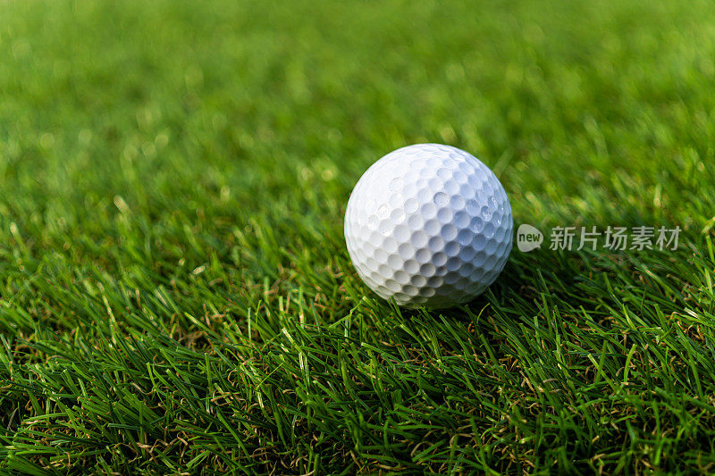 高尔夫球在绿色，绿色的草与高尔夫球近距离在柔和的焦点在阳光。运动操场为高尔夫俱乐部的概念-广泛的景观为背景的字母高尔夫球打。