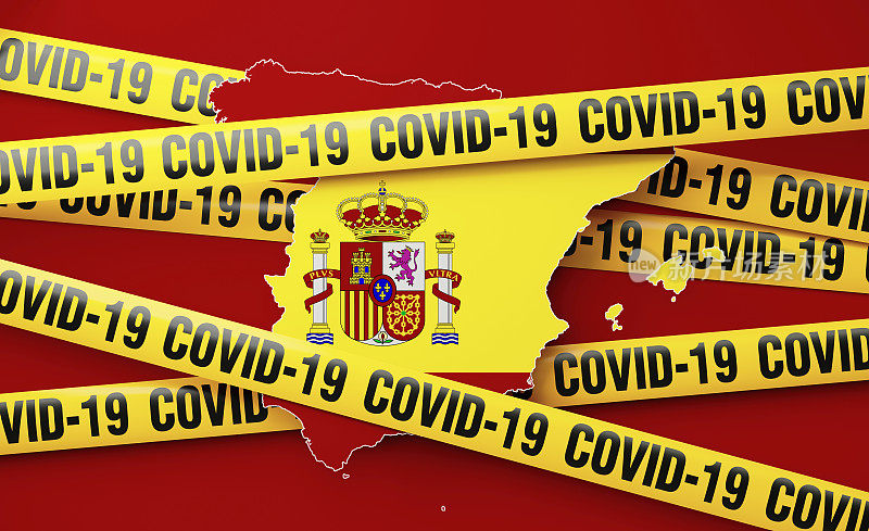 西班牙地图，红色背景上印有COVID-19的胶带屏障