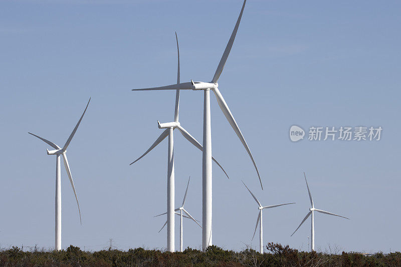 风力发电厂的涡轮机生产可再生能源得克萨斯州的大春天