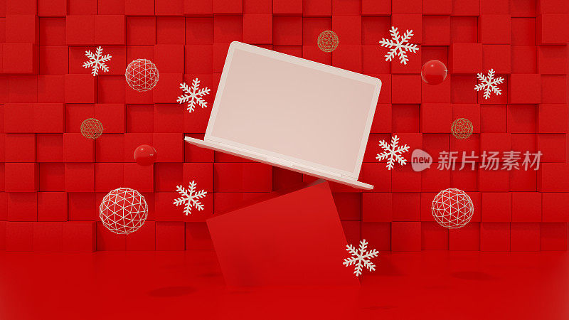 空白屏幕笔记本电脑与圣诞装饰，最小的新年概念，零重力，红色背景