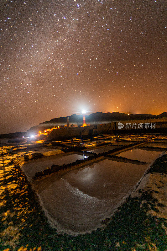 西班牙，加那利群岛，拉帕尔马，星空下的海盐蒸发池