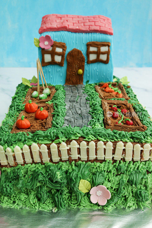 自制的，装饰蛋糕设计成小屋和花园的蔬菜床，黄油糖霜草与巧克力片和饼干屑土壤菜地，方糖糖霜南瓜，西红柿，花椰菜和胡萝卜，前景突出