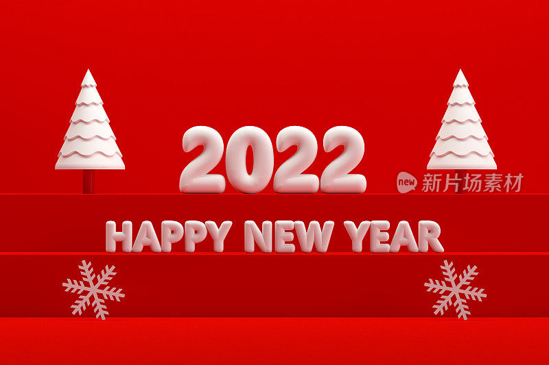 2022年圣诞新年概念，红色背景，楼梯站讲台