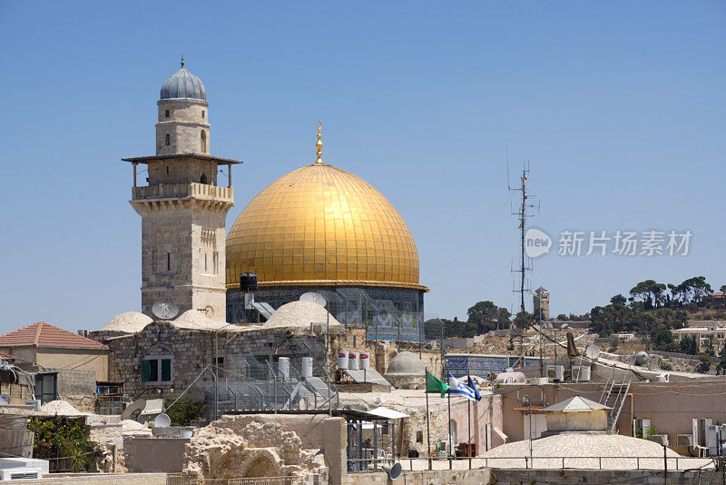耶路撒冷的寺庙与圆顶清真寺和哭墙