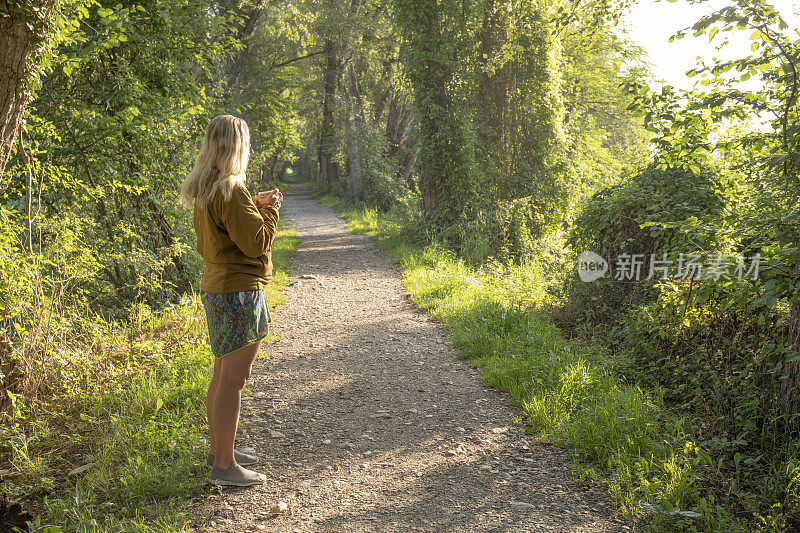 一名女子在森林小径上停下来，准备早上远足