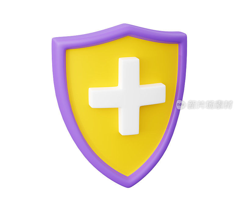 十字立体渲染护盾——医疗健康安全理念，护盾上加号。