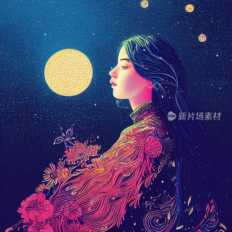 在夜空和月亮的映衬下，一个肩上披着花披肩的女孩。童话插图。