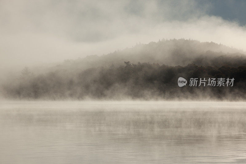 朦胧的湖泊和林地