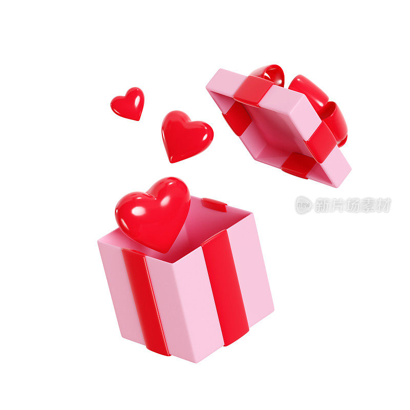 打开礼盒与心飞走3d渲染插图-浪漫的爱情粉红色浮动礼盒红丝带。