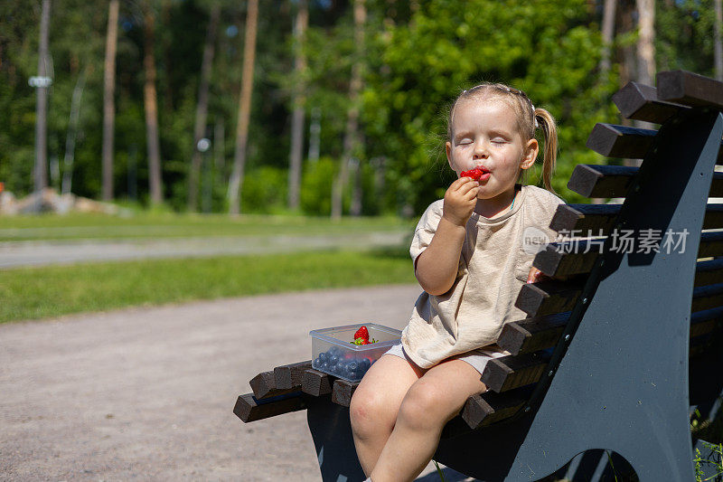 夏天可爱的宝宝坐在长椅上吃草莓。一个女孩坐在公园的长凳上享受着成熟的草莓。这孩子以富含维生素的新鲜浆果为零食。