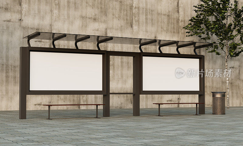 公共汽车站广告牌模型。三维渲染