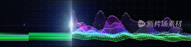 抽象背景波浪形颜色网格从点和线与辉光。虚拟空间线框概念数据分析技术。商业、科学和技术数据分析的旗帜。大数据。