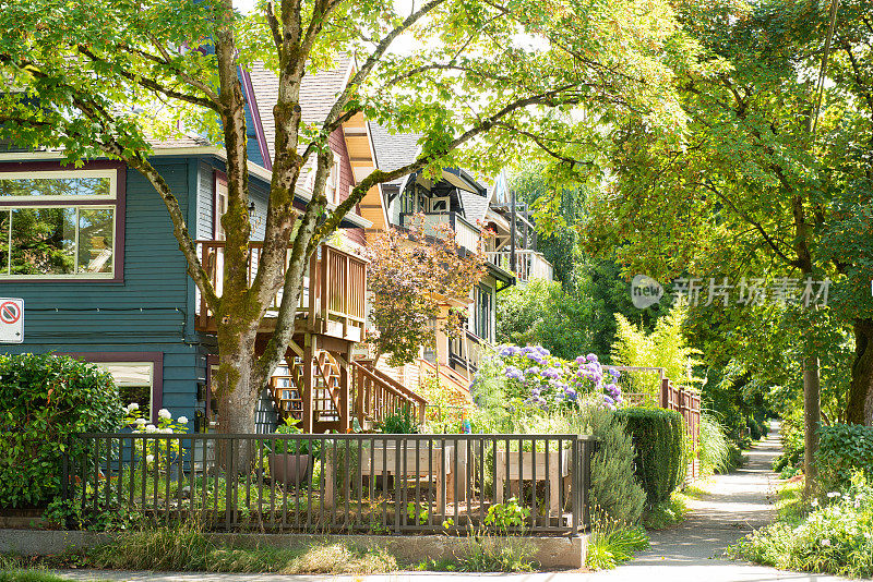 加拿大温哥华一个阳光明媚的日子里的住宅区