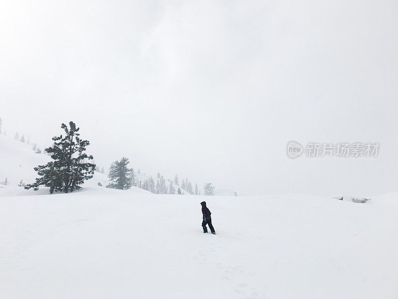 一个孩子在加利福尼亚山脉的暴风雪冒险