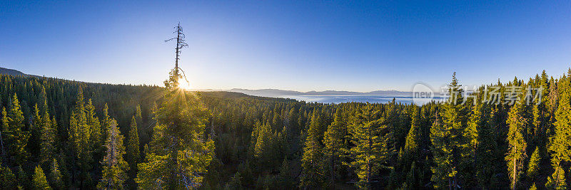 空中全景图在日出的太浩湖在加利福尼亚