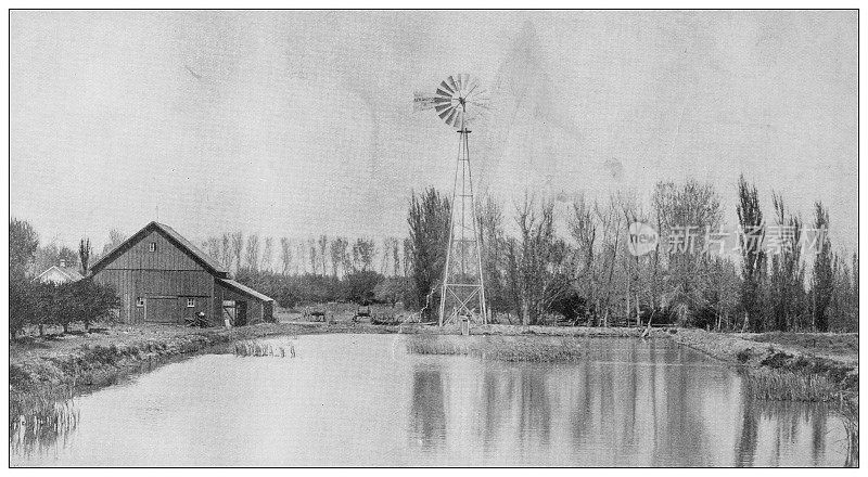 古董黑白照片:水库和风车用于灌溉