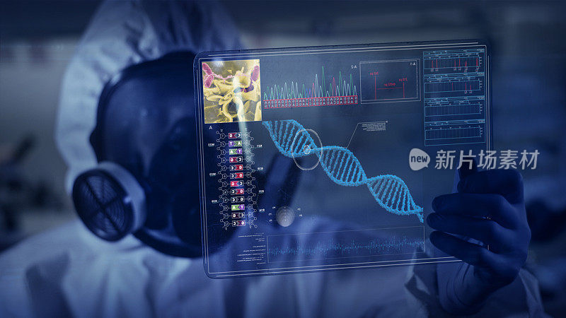 穿着干净西装研究DNA突变的科学家。虚拟触屏。Covid-19并发症