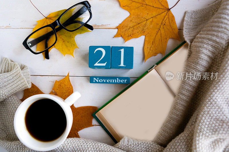 11月21日。蓝色立方体日历，月和日期在木制背景。