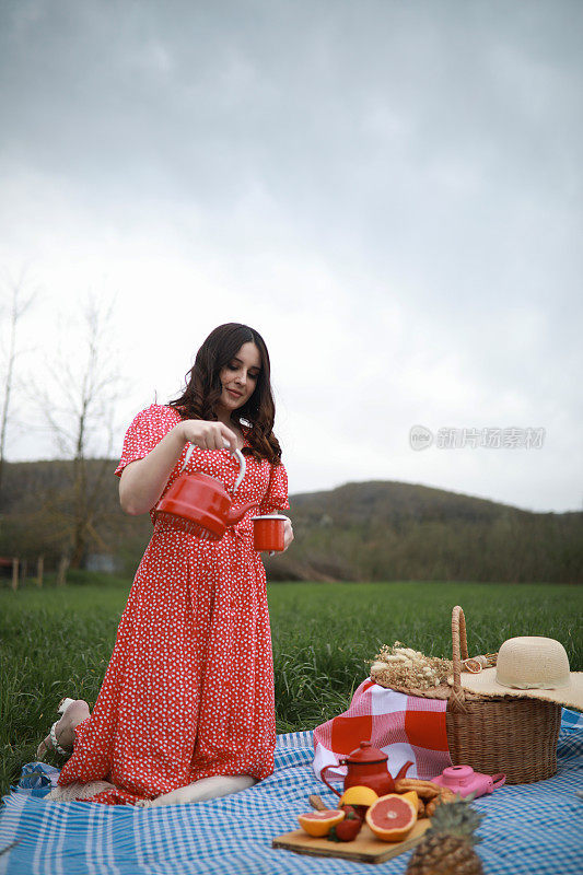 美丽的女人在大自然中喝茶和野餐，共度美好的户外时光