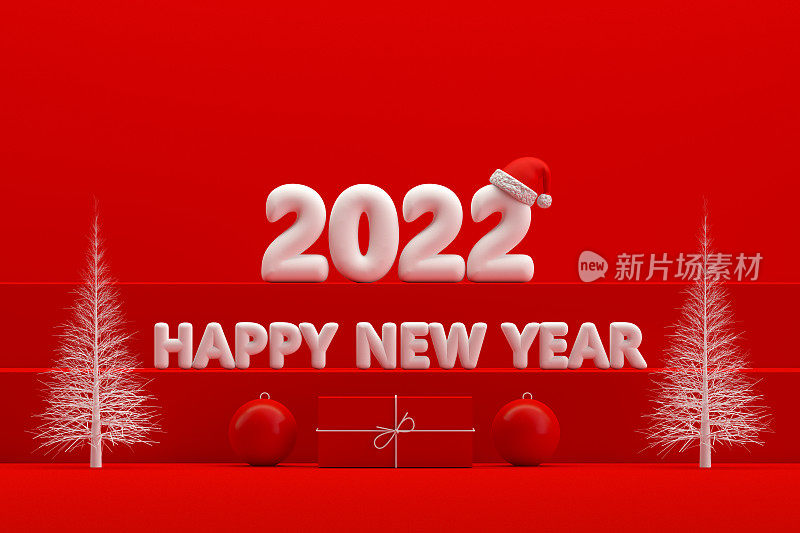 2022年圣诞新年概念，红色背景，楼梯站讲台