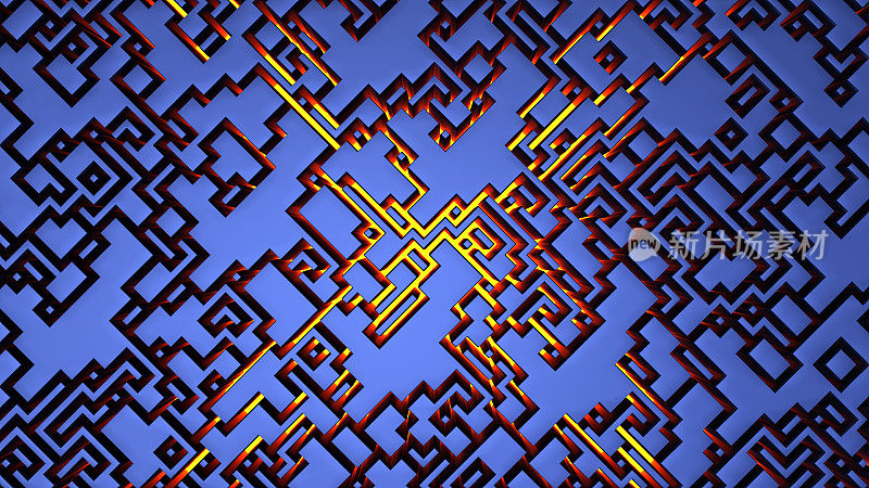 蓝色迷宫背景照明迷宫黄色X光图案抽象艺术3D插图