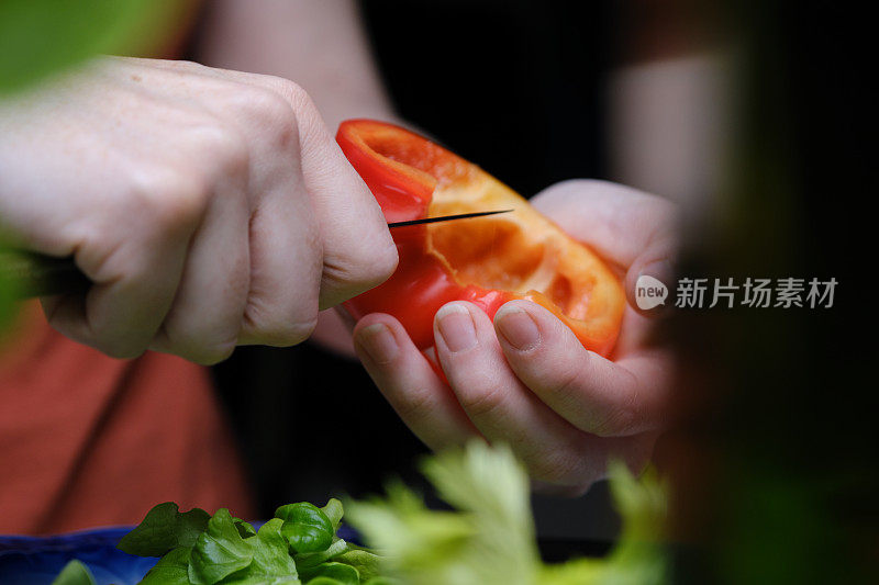 人类的双手正在做新鲜蔬菜沙拉