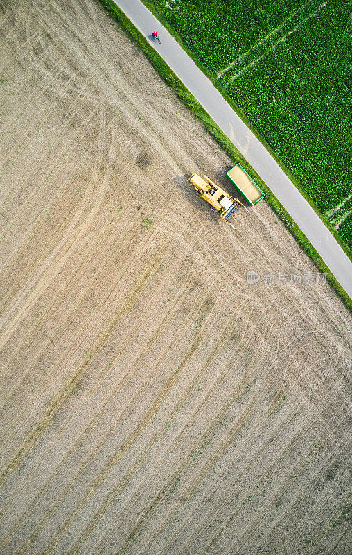 联合收割机收获农田的无人机鸟瞰图