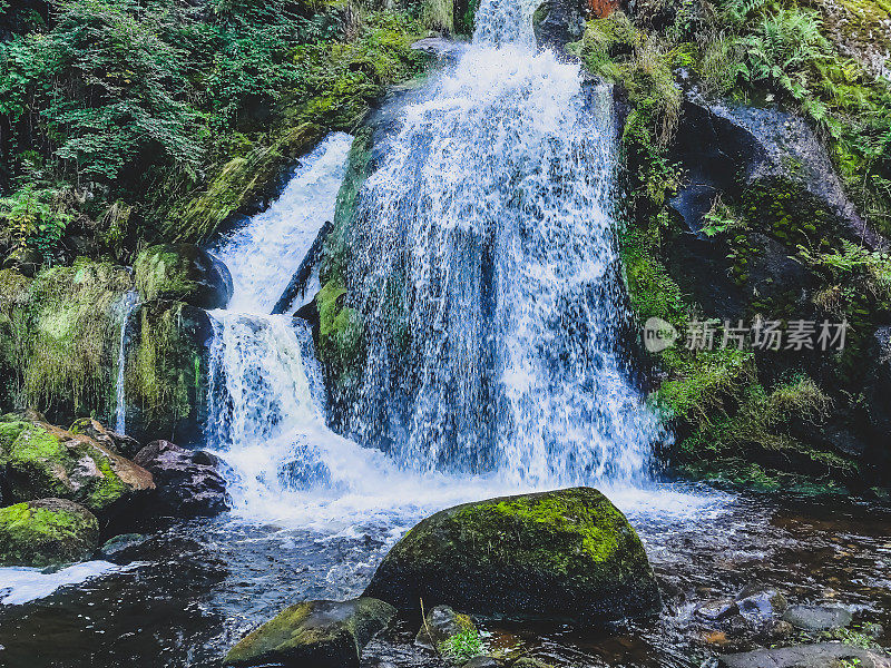 黑森林中有瀑布的石质小河流。