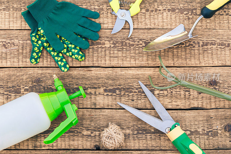 修剪器，耙子，压力喷雾器，园艺手套，铲子和防护眼镜