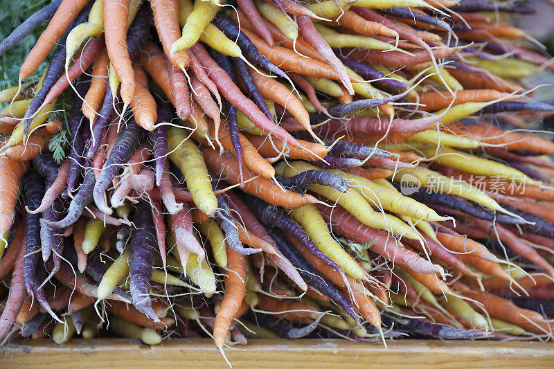 农贸市场上出售的新鲜橙色、紫色和黄色胡萝卜