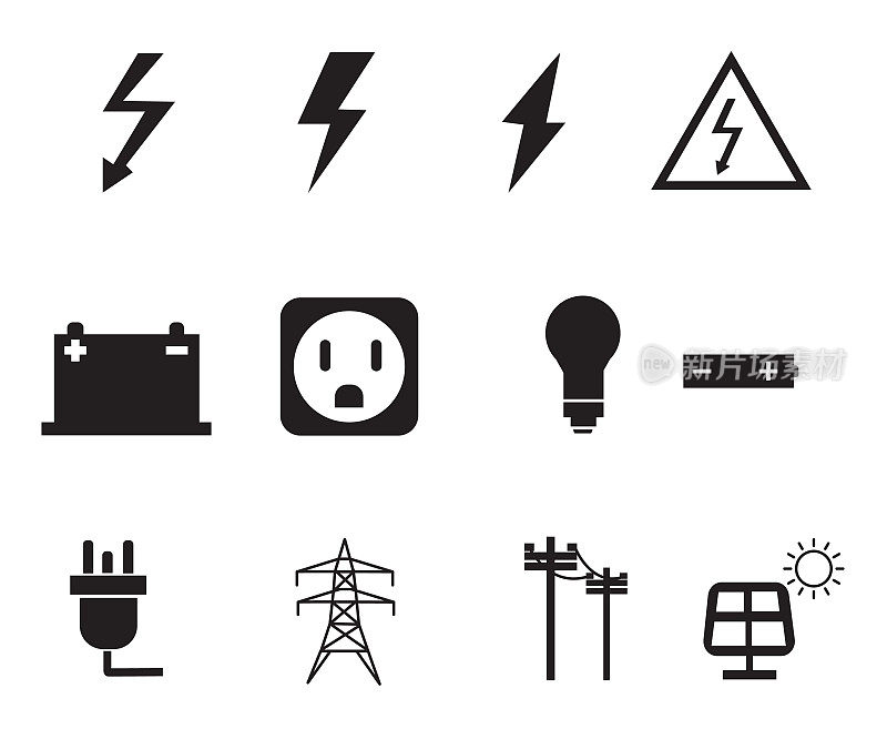 黑色电力图标设置在白色背景。一套能量图标。电气信号。平的风格。