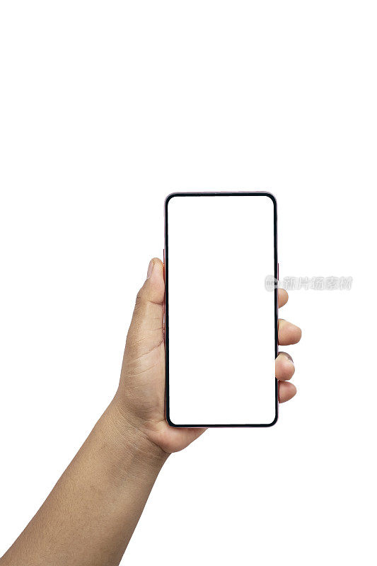 用左手拿着的白色屏幕手机，在白色背景上与剪切路径隔离。
