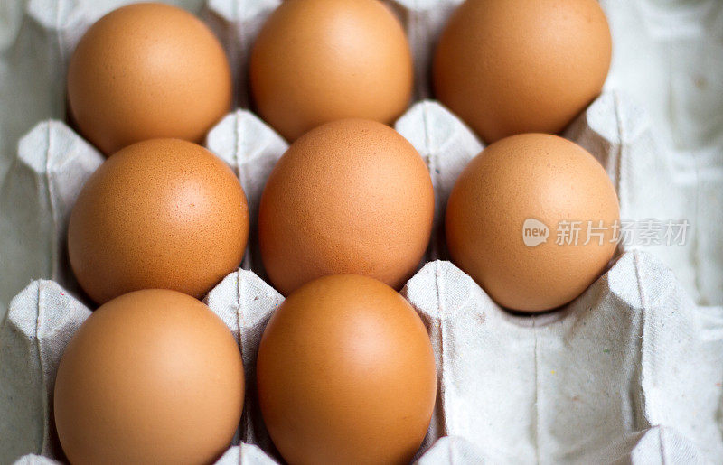 新鲜有机棕色鸡蛋在回收纸板盒